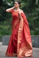 zari banarasi sari rouge en soie banarasi
