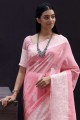 sari indien du sud en lin rose avec fil, tissage