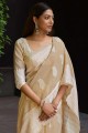 sari indien du sud crème avec fil, tissage de lin