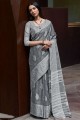 Sari gris du sud de l'Inde en fil, tissage de lin
