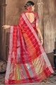 sari du sud de l'inde en coton et soie rouge avec tissage