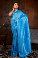 tissage de soie brute sari bleu avec chemisier