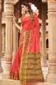 sari rose en coton avec tissage
