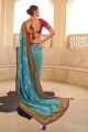 zari de soie patola, tissage, impression numérique bleu ciel sari du sud de l'inde avec chemisier