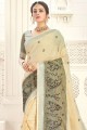 Beige Wevon Designer, sari de travail de broderie en lin