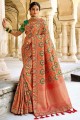 Tissage riche pallu, bordure de broderie lourde, chemisier travail banarasi soik sud indien Saree en orange