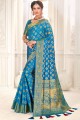 Saree indien sud en soie douce bleue avec designer wevon riche pallu