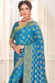 Saree indien sud en soie douce bleue avec designer wevon riche pallu