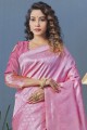 Saree en soie lichi rose avec designer wevon lourd