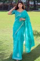 Saree turquoise avec de la soie linge de linge de concepteur Jari