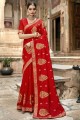 Red Designer Embroidery,Stone Work saree in Vichitra Silk