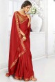 Saree rouge avec Swarovski Butta Designer Vichitra Silk