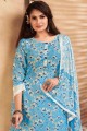 Blue Maslin Designer imprimé Salwar Kameez avec foulard chinon