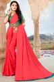 Moss Chiffon saree with Designer Blouse With Belt Work in Pink