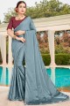 Satin saree in Grey with Stone Work,Embroidery Blouse 