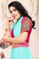 Turquoise Satin Saree Saree avec chemisier de travail de concepteur avec ceinture