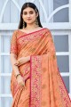 Coton Handloom Designer Tissage Jari Travail Orange Saree avec chemisier
