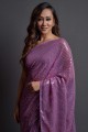 sari en georgette brodé violet avec chemisier