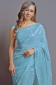 sari bleu ciel avec georgette brodée