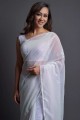 sari en georgette brodé en blanc
