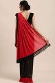 sari en poly coton rouge et noir avec broderie