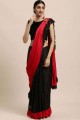 sari en poly coton rouge et noir avec broderie