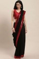 sari noir en georgette avec dentelle brodée