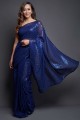 sari en georgette brodé bleu avec chemisier