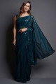 sari en georgette bleu sarcelle avec broderie