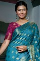 sari du sud de l'Inde en soie d'art avec tissage en bleu