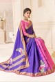 sari violet en soie tussar avec imprimé, tissage