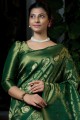 sari vert indien du sud en soie grège avec tissage