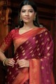 purple south indian sari in satin and silk with weaving