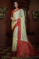 sari du sud de l'inde en satin et soie blanc cassé avec tissage