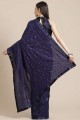 saris bleu avec soie brodée