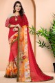 sari rose avec georgette en dentelle imprimée
