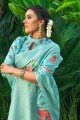 sari imprimé numérique en soie bleue