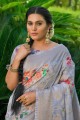 sari gris en soie à impression numérique avec chemisier