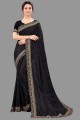 brodé, bordure en dentelle, pierre avec moti sari en soie noire