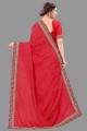 sari en soie rouge avec bordure en dentelle brodée, pierre avec moti
