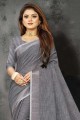 sari en lin à bordure en dentelle gris foncé