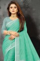 saris en lin turquoise avec bordure en dentelle