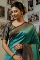 sari bleu en soie d'art avec tissage