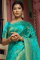sari turquoise avec soie d'art de tissage