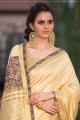 sari en soie d'art jaune avec dentelle, impression numérique