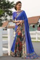 bordure en dentelle bleue, sari en soie d'art à impression numérique