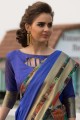 bordure en dentelle bleue, sari en soie d'art à impression numérique