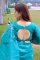 sari en soie et organza avec imprimé en turquoise