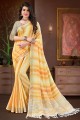 saris de lin avec bordure en dentelle en jaune