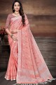 sari en lin imprimé à bordure en dentelle rose